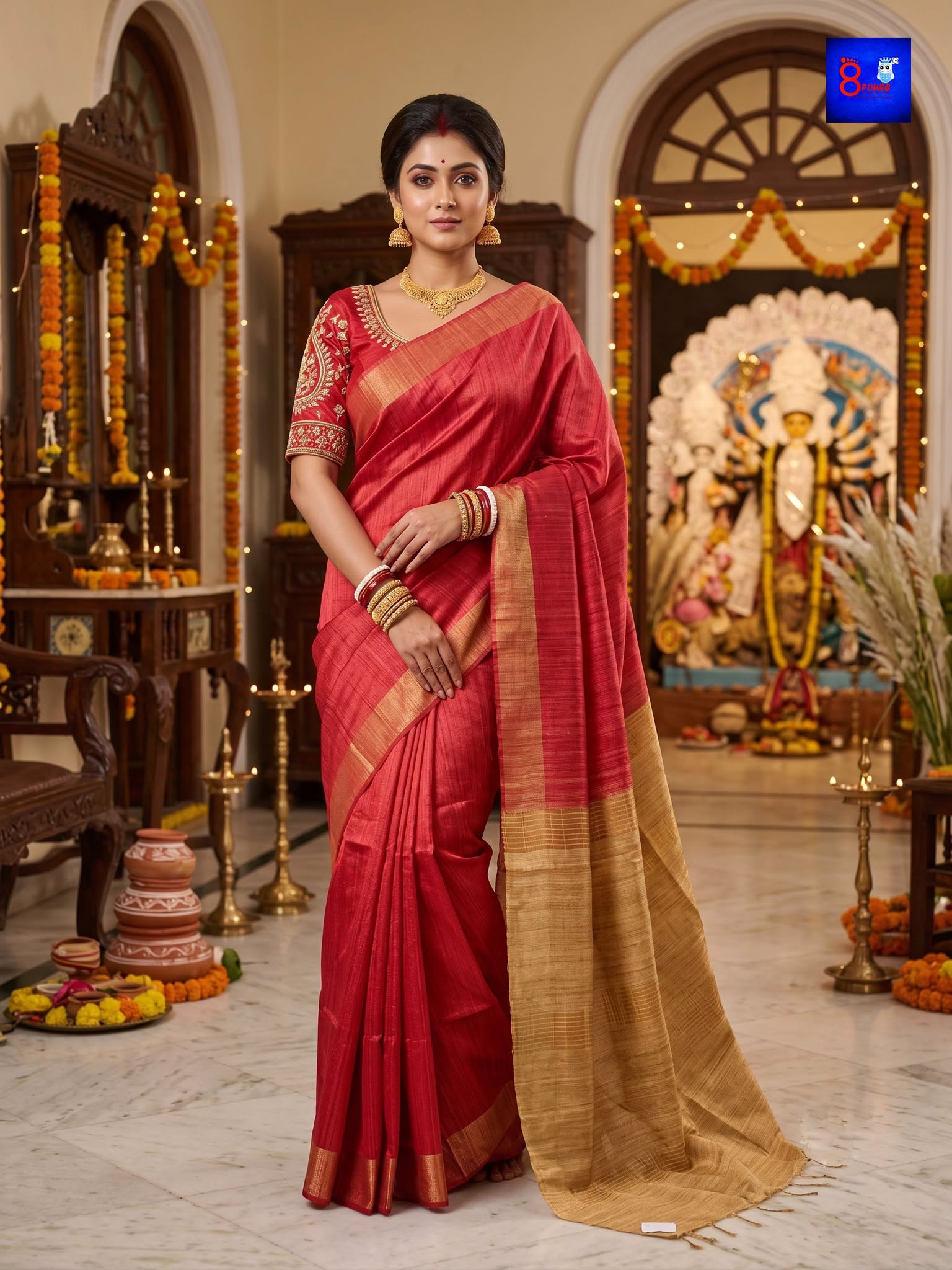 Authentic Handloom Pure Ghicha Silk Saree (Red with antique gold border)