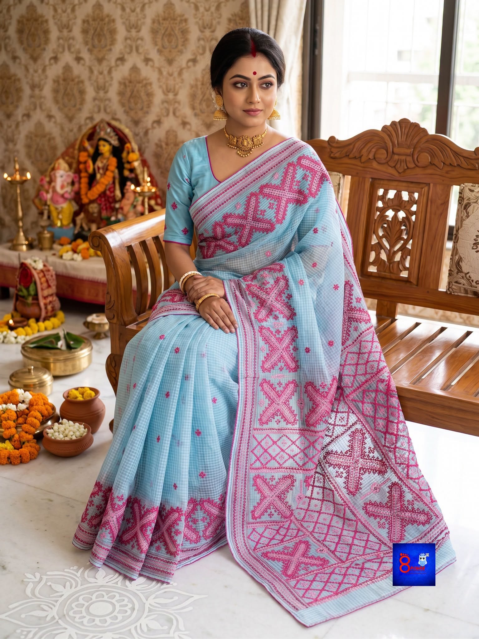 Resham Check Saree with Gujarati Embroidery