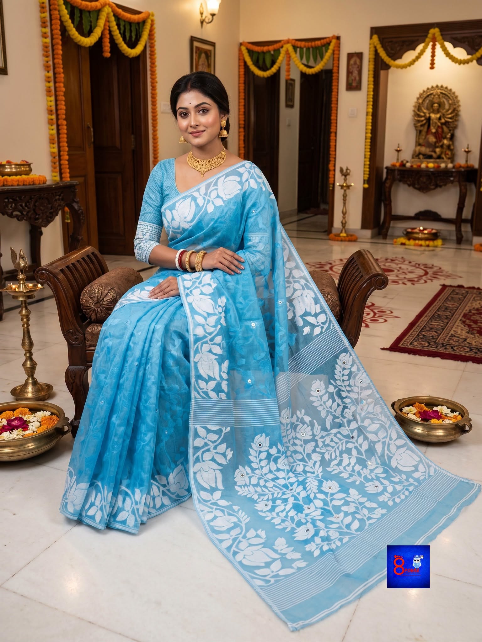 Mirror Work Jamdani Saree