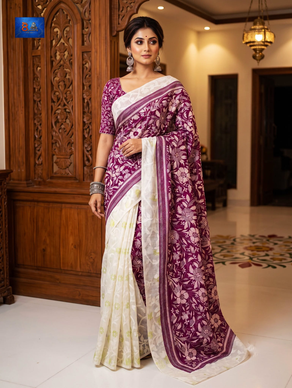 Jamkantha Saree - White & Magenta