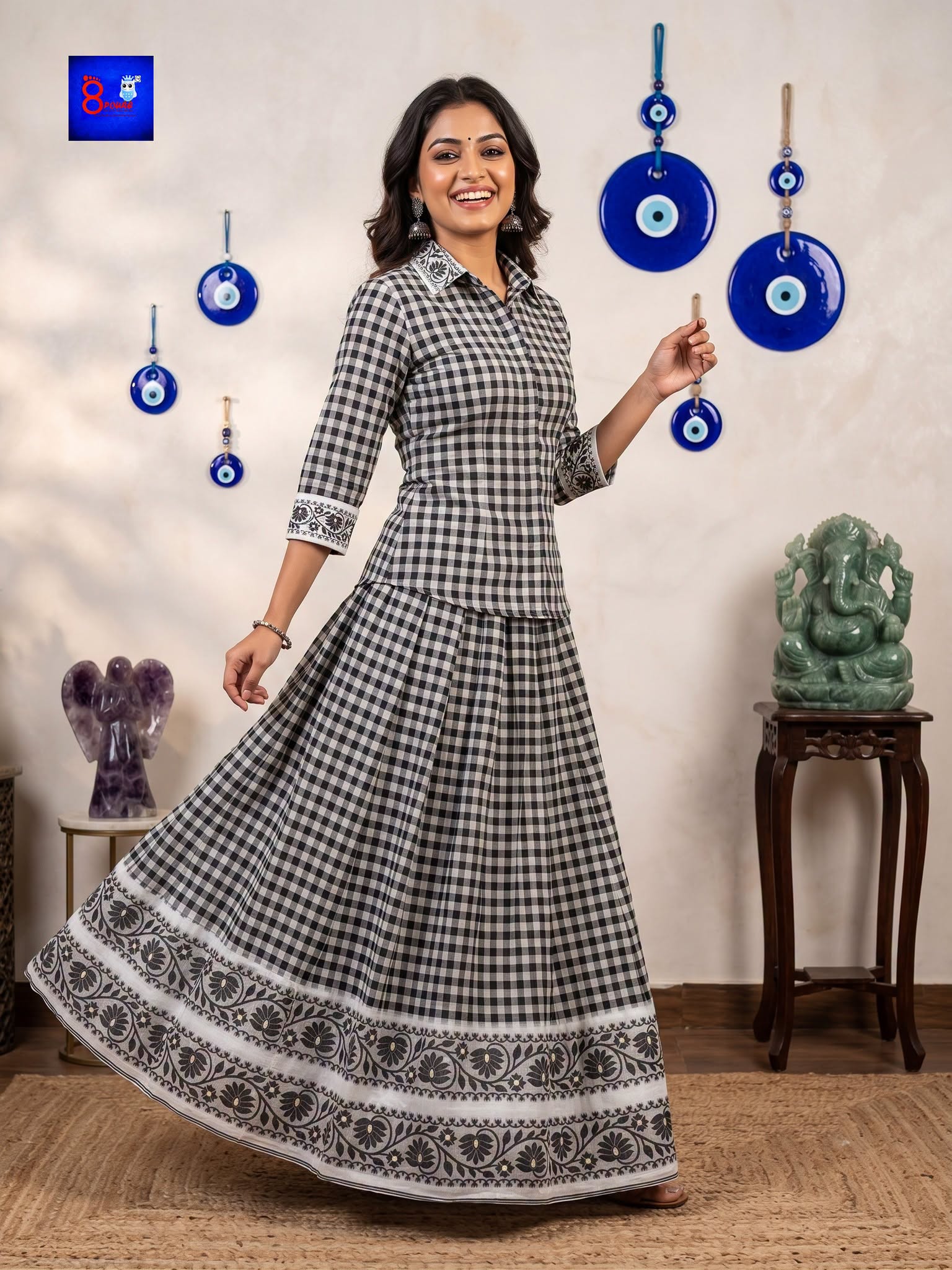 Pure Cotton Designer Jamdani Woven Skirt & Shirt Set (Black & White)