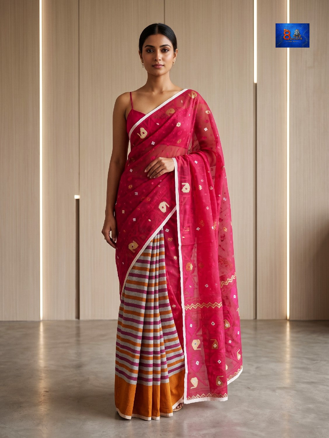 Mirror Jamdani Saree - Rani pink with white border