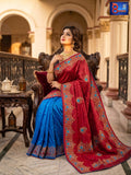Hand Embroidered Pure Silk Saree - Red & Firozi