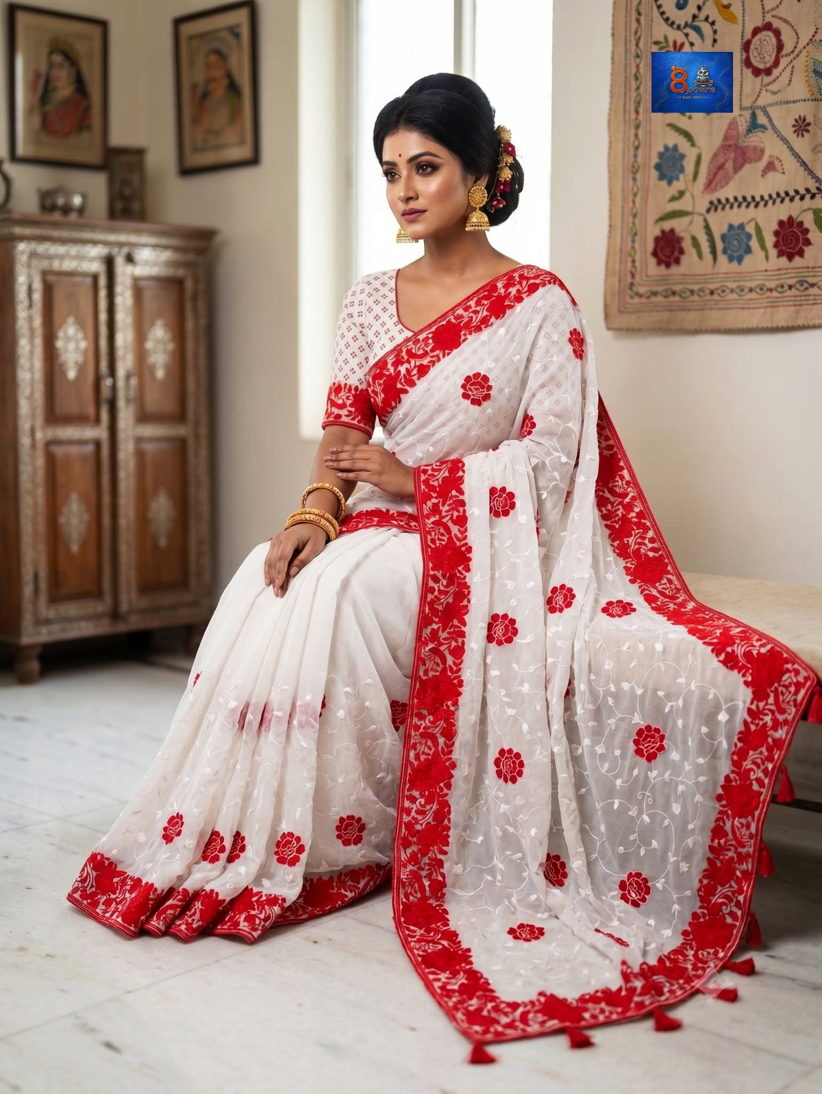 Georgette Chikankari Saree - Red Floral