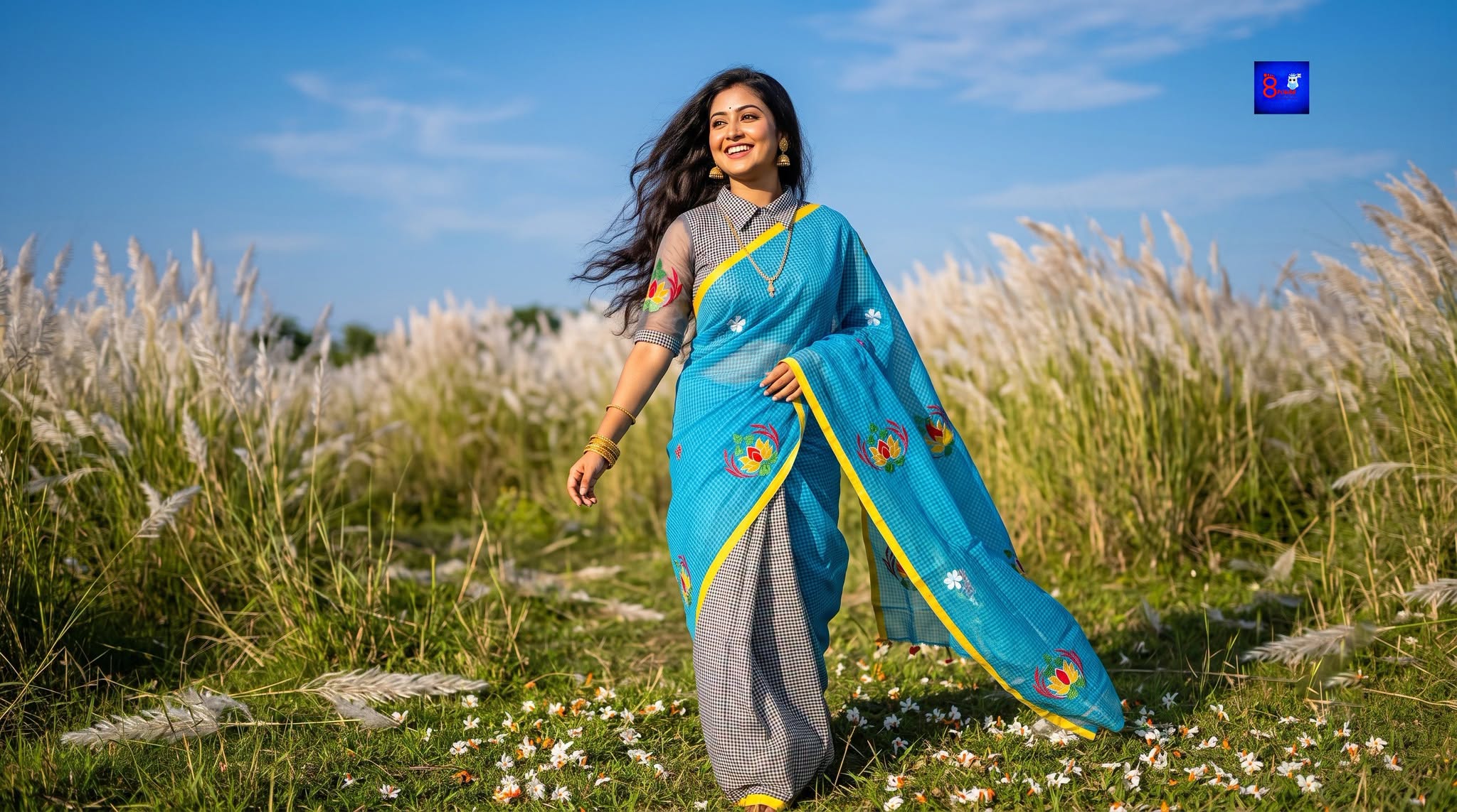Premium Cotton Embroidered Saree (Sky & Grey)