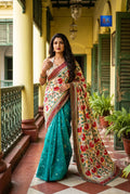 Jamkantha Saree - Sea Green & Off-White