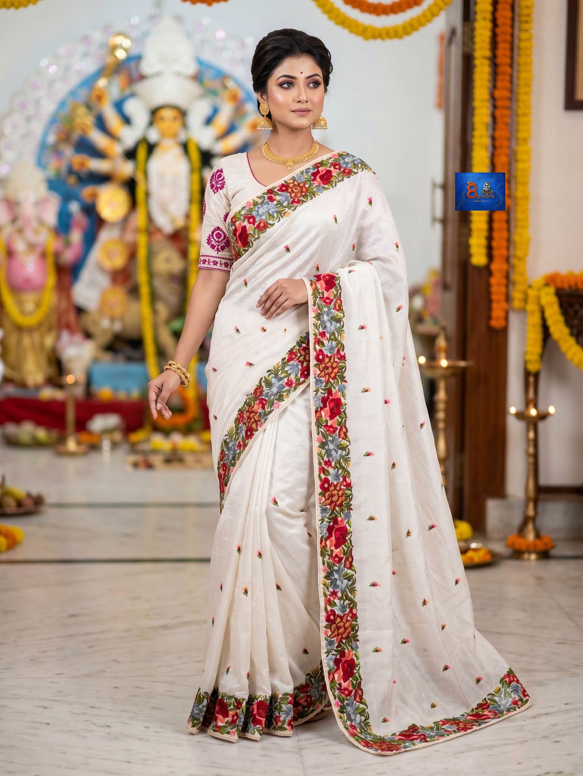 Gara Parsi Work On Pure Crushed Satin Saree - White