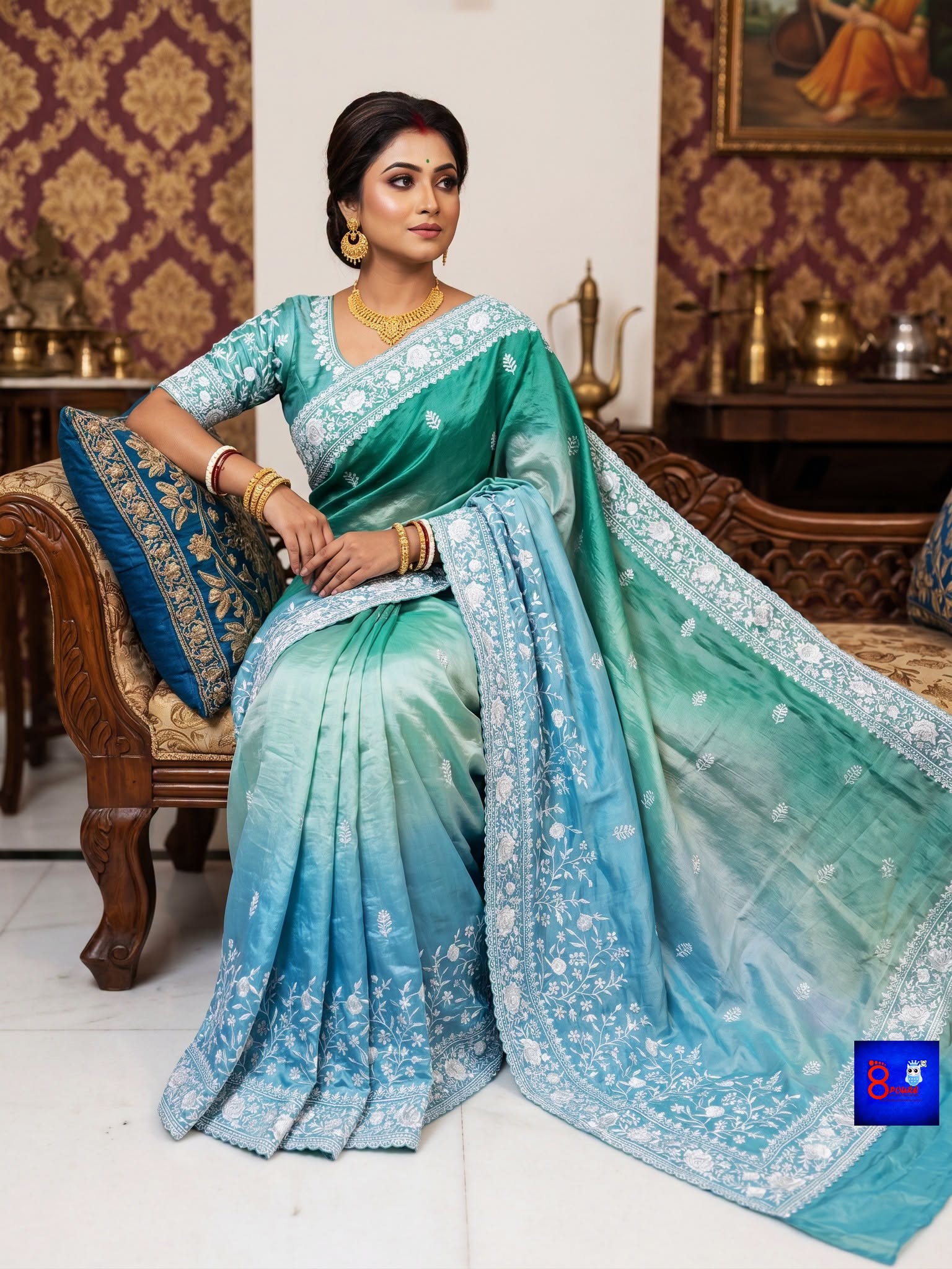 Chiffon Tissue Chikankari Parshi Embroidered Saree