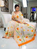 Pure Cotton Glittering Canvas Saree - Orange Floral