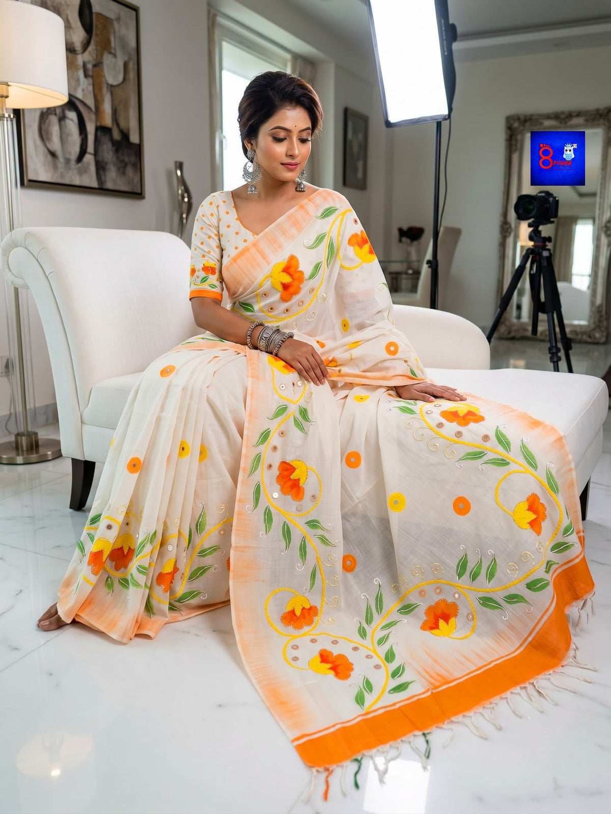 Pure Cotton Glittering Canvas Saree - Orange Floral