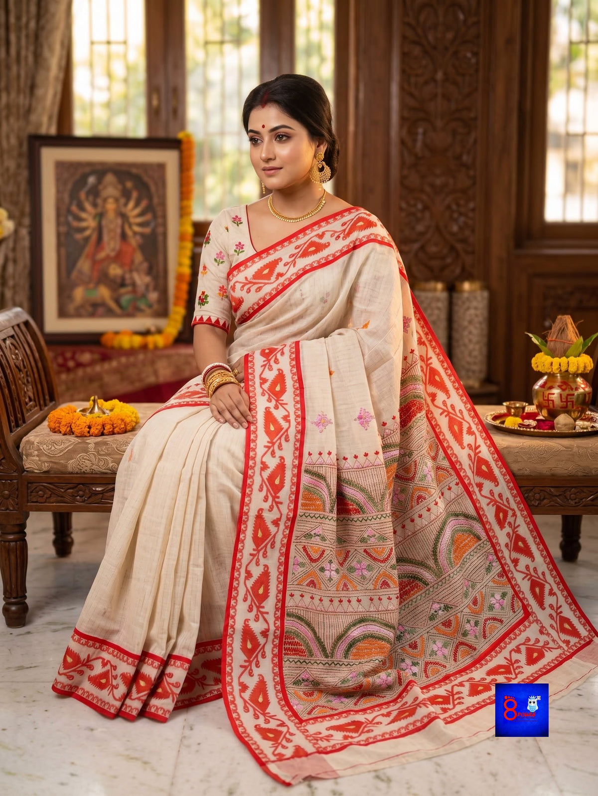 Cotton Lambani with Jamdani Border Saree - Off-White & Red
