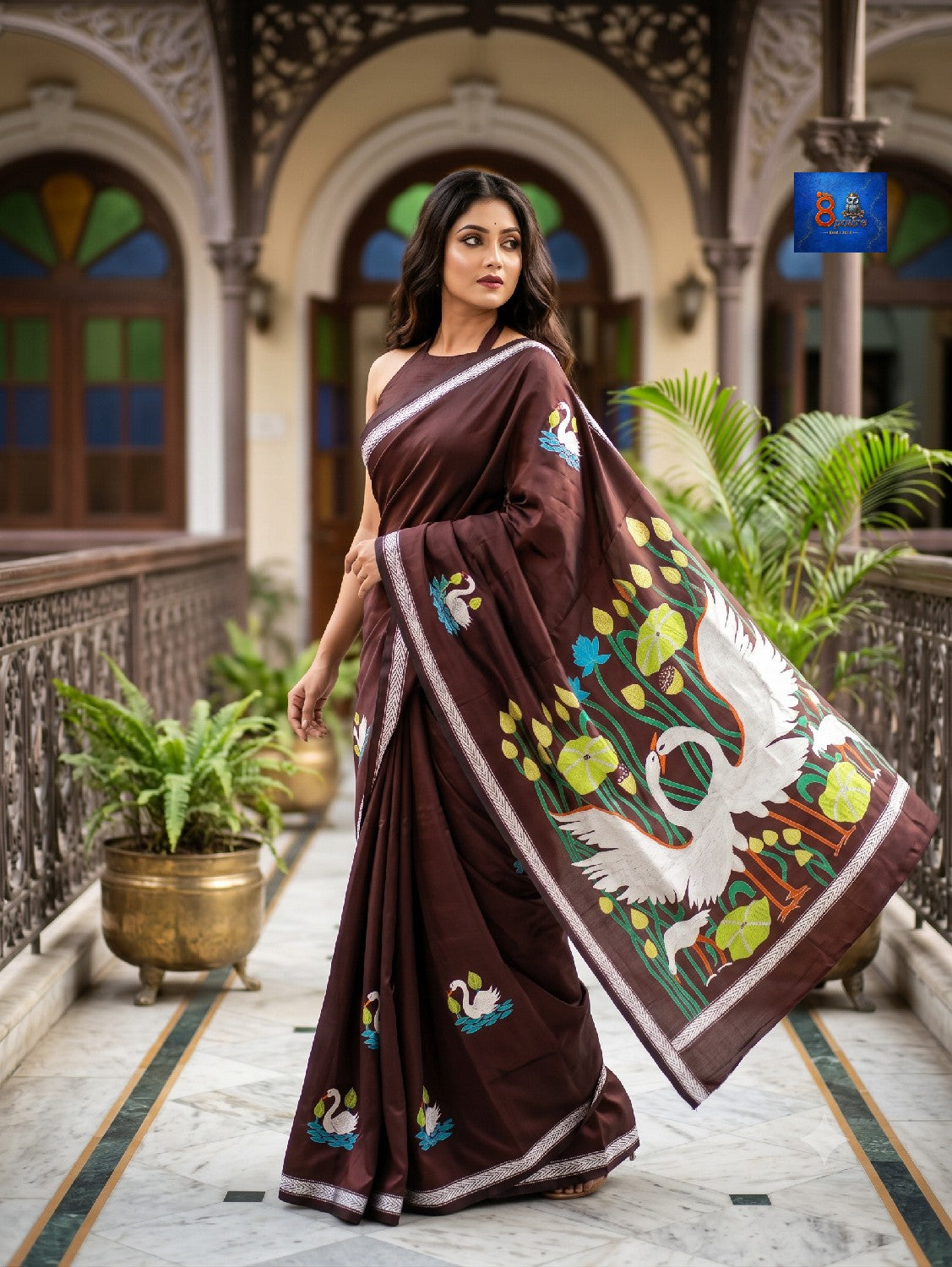 Blended Bangalore Silk Kantha Saree - Chocolate