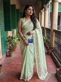 Pure Linen Kashmiri Embroidered Saree - Light Green