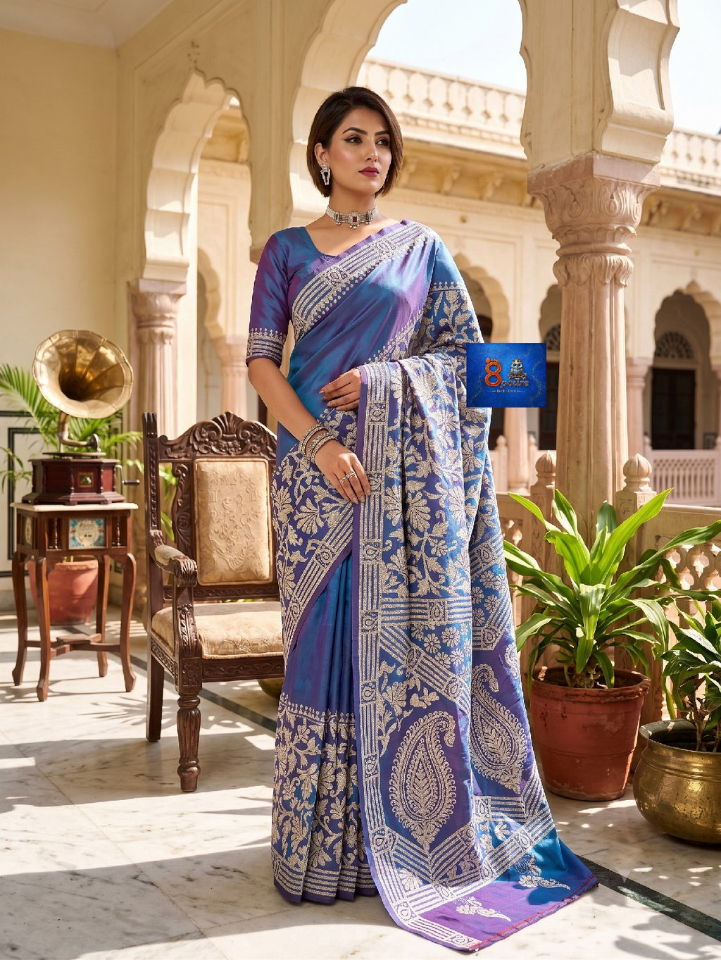 Pure Bangalore Silk Kantha Stich Saree - Sky Purple Dual