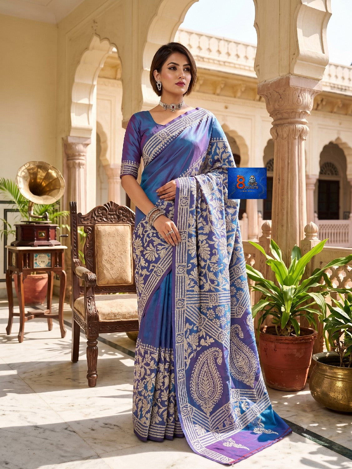 Pure Bangalore Silk Kantha Stich Saree - Sky Purple Dual