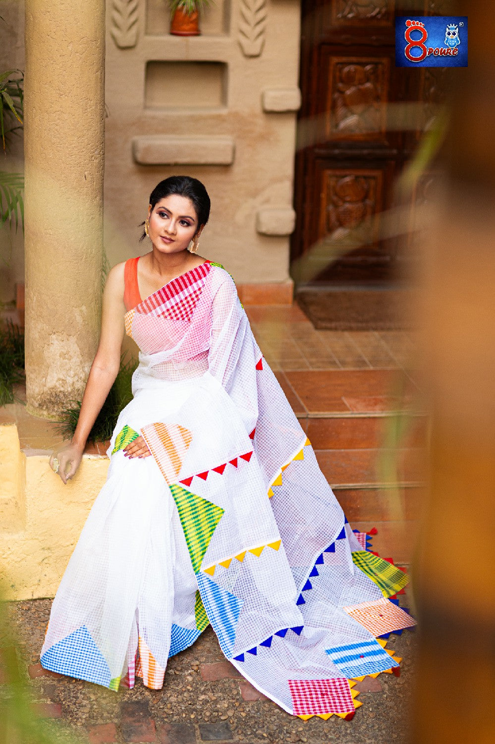 Resham Check Gamcha Applique Saree - White Multi-colour Patchwork