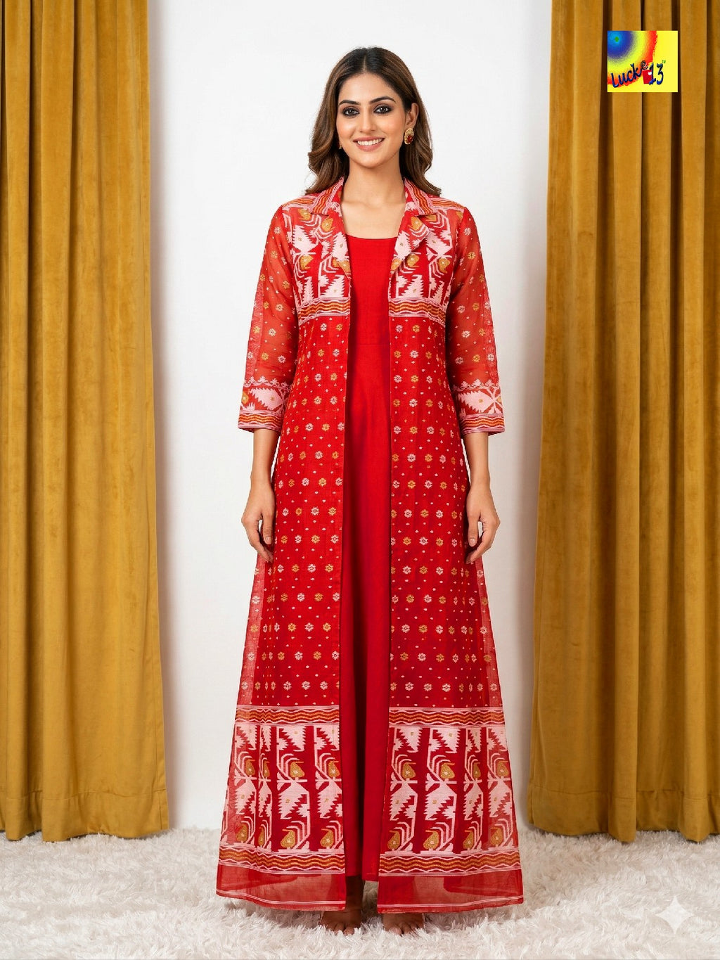 Jamdani Shrug & Cotton Sleeveless Dress set - Red & White