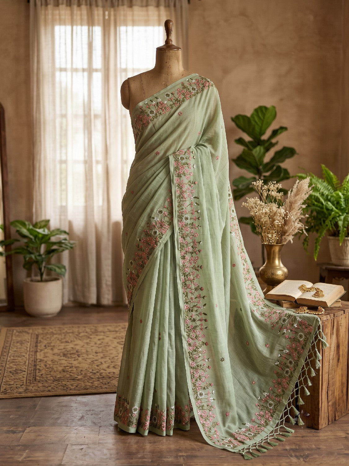 Pure Linen Kashmiri Embroidered Saree - Light Green