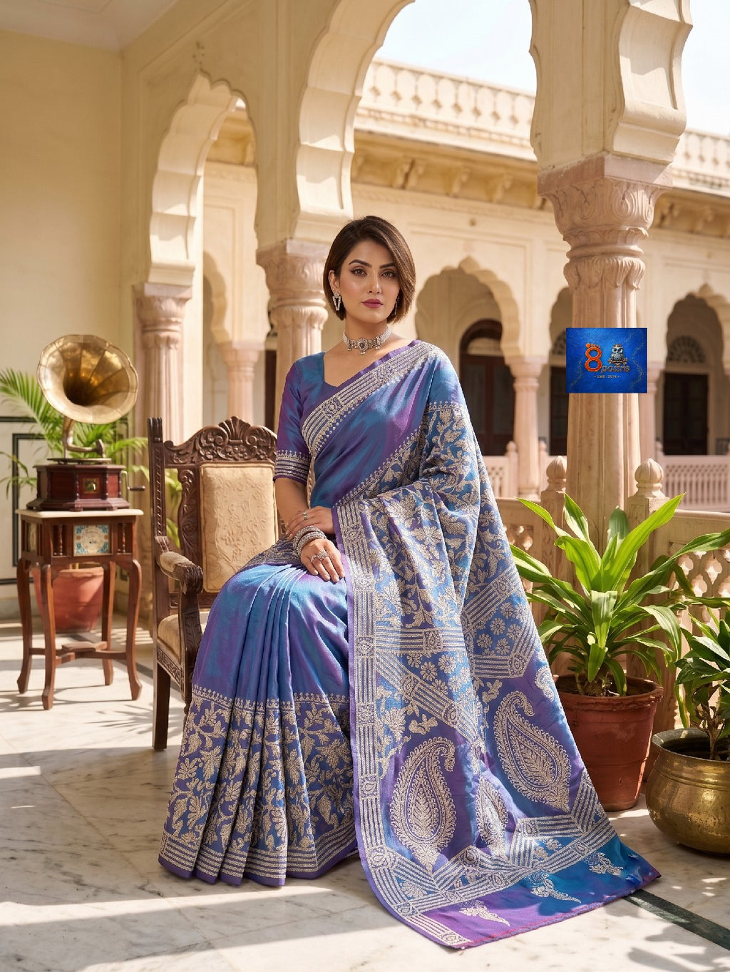 Pure Bangalore Silk Kantha Stich Saree - Sky Purple Dual