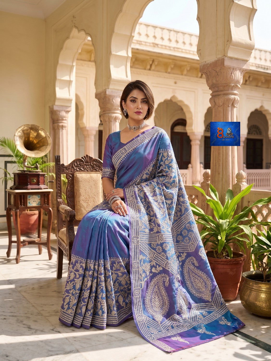 Pure Bangalore Silk Kantha Stich Saree - Sky Purple Dual