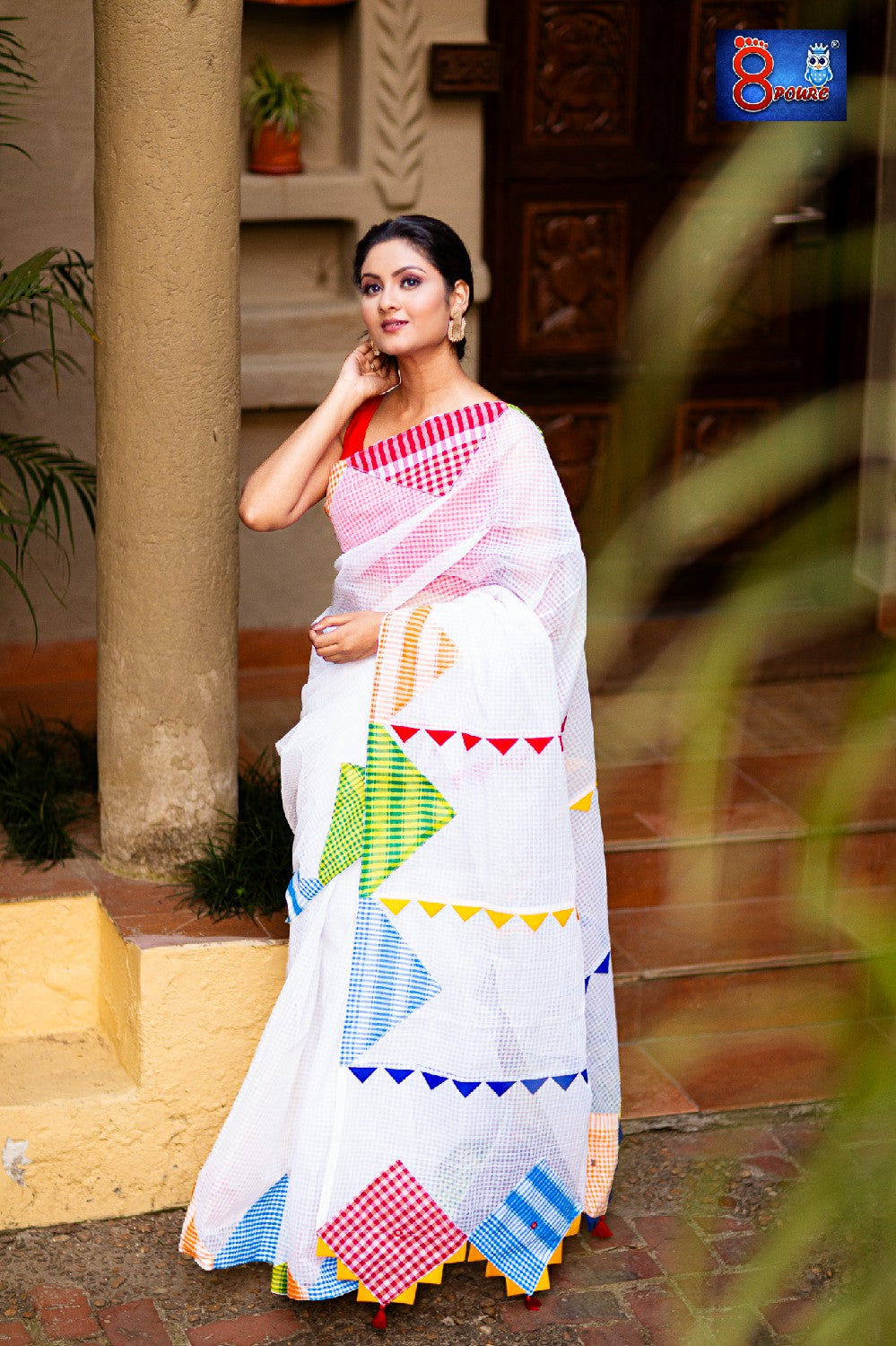 Resham Check Gamcha Applique Saree - White Multi-colour Patchwork
