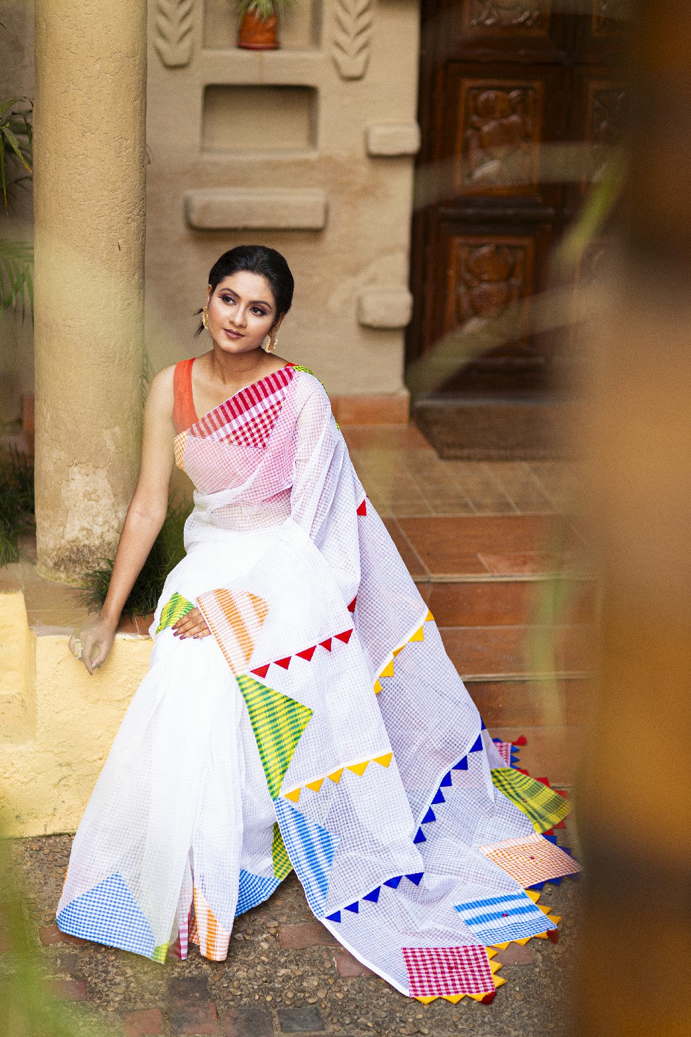 Resham Check Gamcha Applique Saree - White with Multi-colour Patchwork