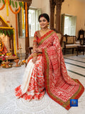 Coral Red Ivory White Floral Jamkantha Saree