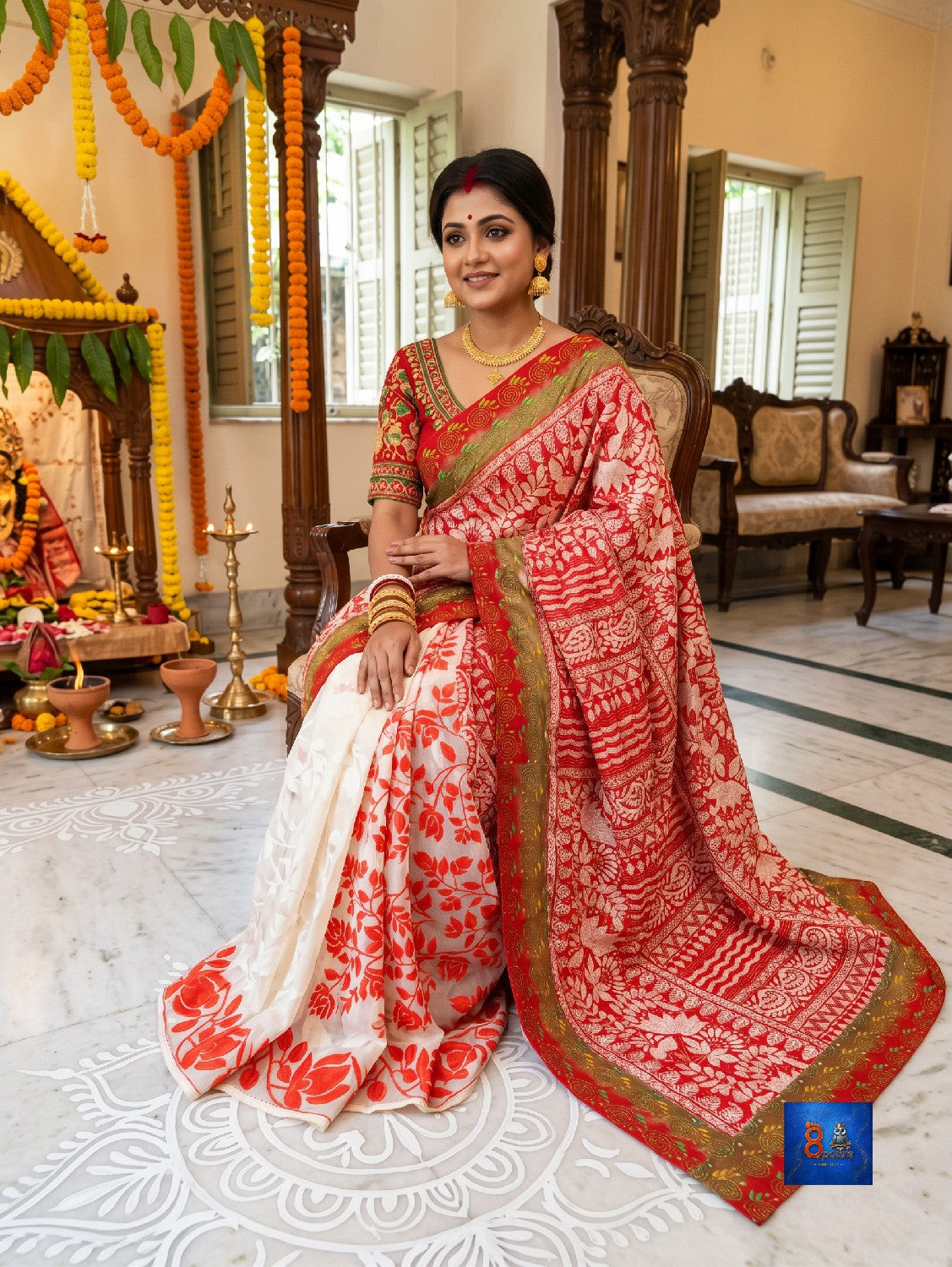 Coral Red Ivory White Floral Jamkantha Saree