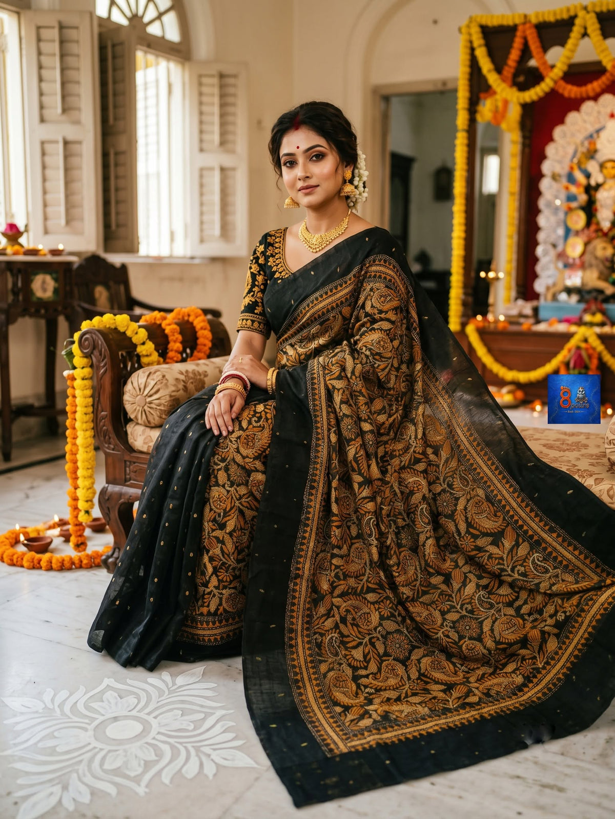 Jamkantha Saree - Black & Beige