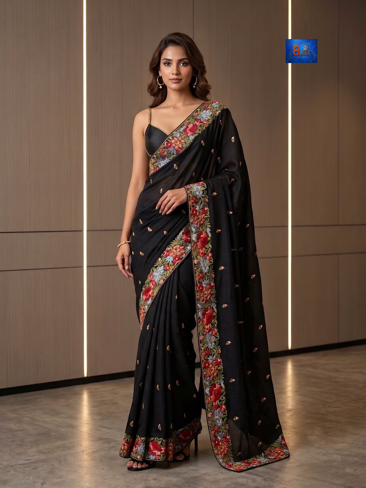 Gara Parsi Work On Pure Crushed Satin Saree - Black