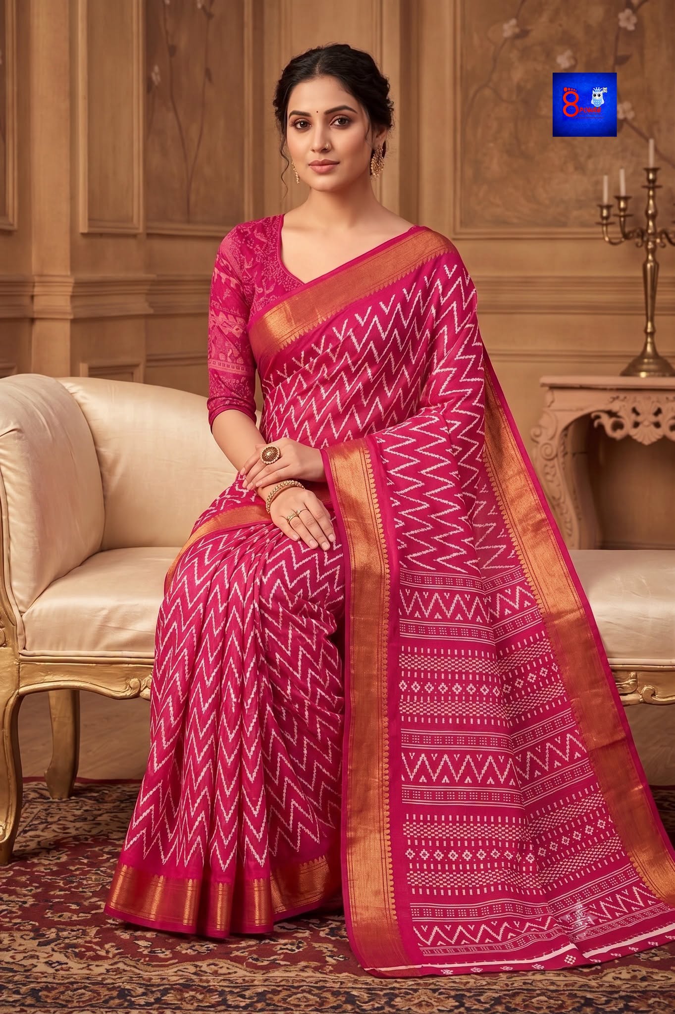 Zari Border Slub Cotton Printed Saree