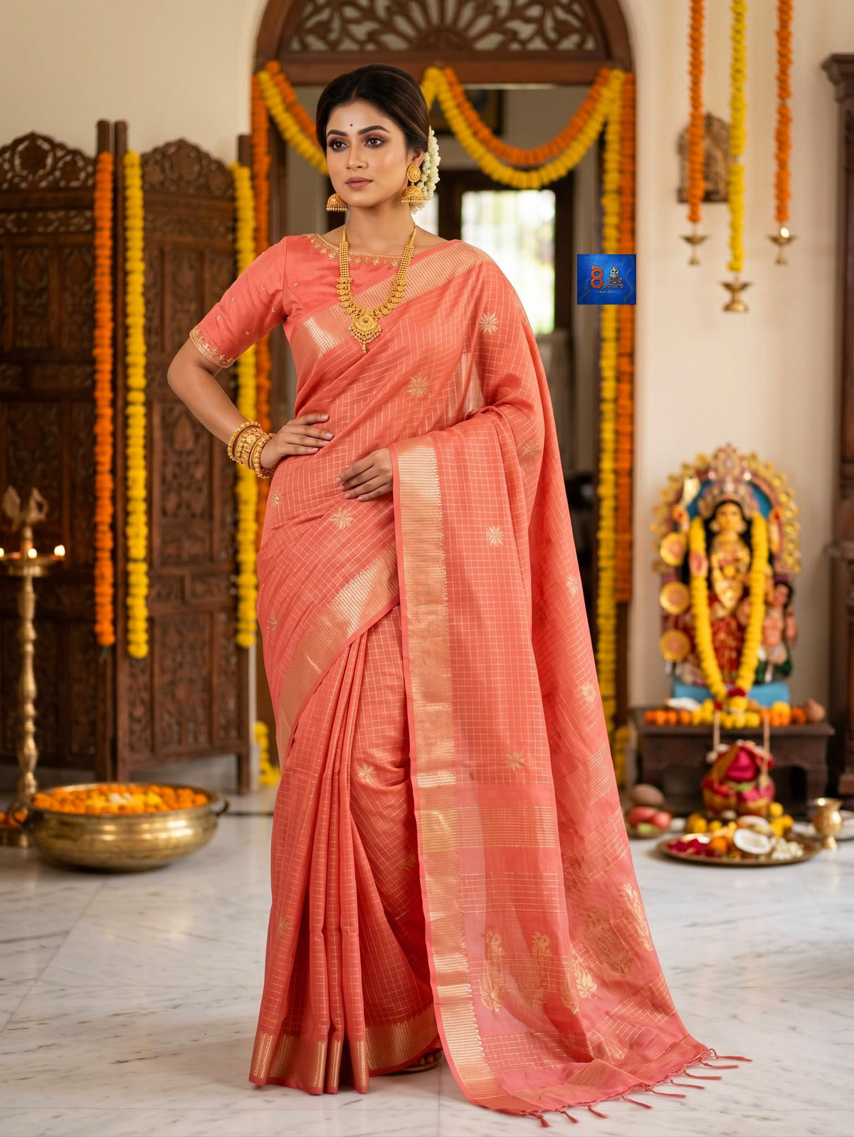 Kanchipuram Kattam SICO Saree - Coral Peach