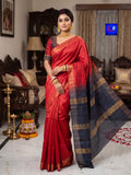 Authentic Handloom Pure Ghicha Silk Saree (Vermilion red with navy blue and gold)