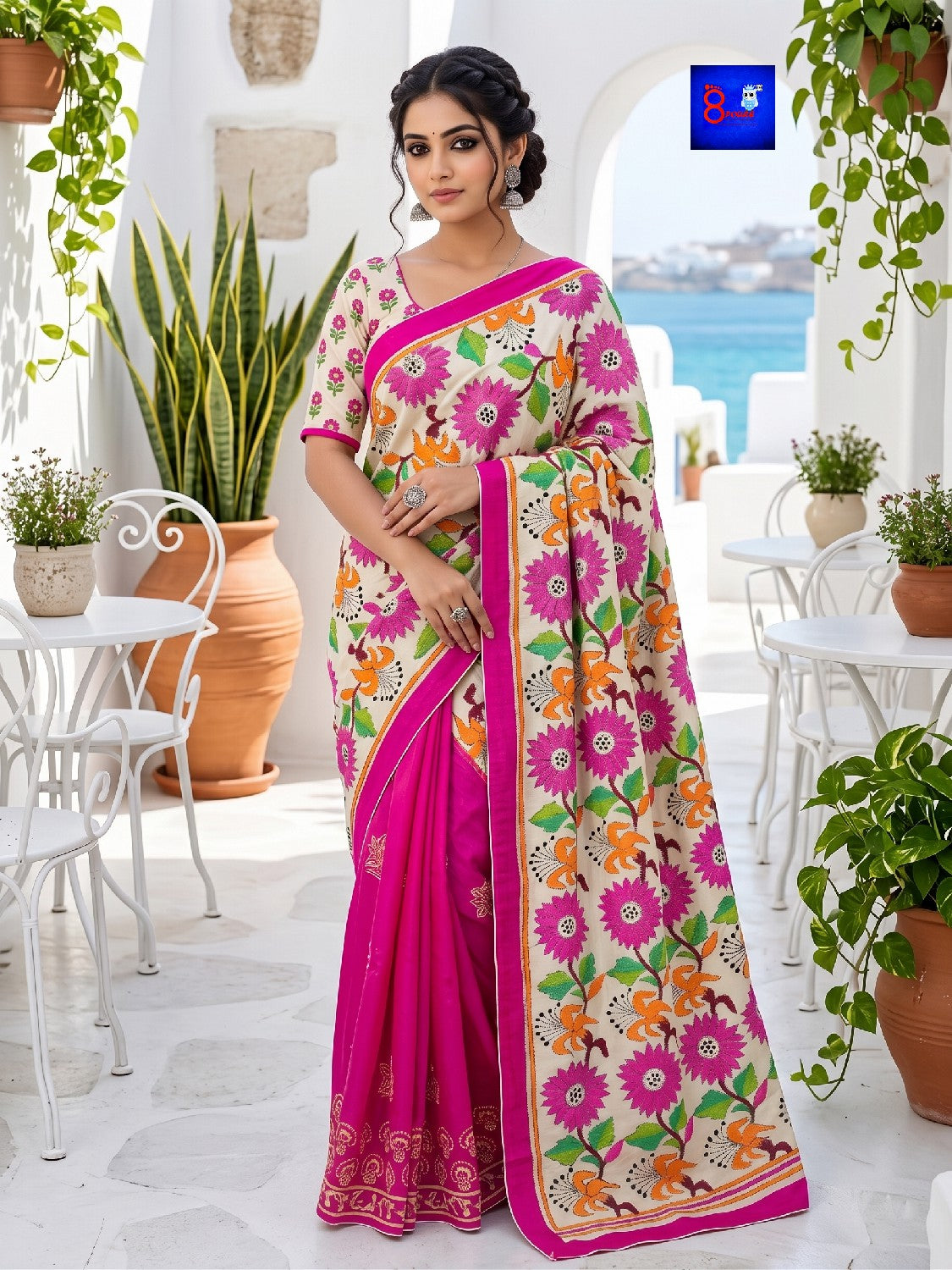 Threaded Fusion Silk Saree