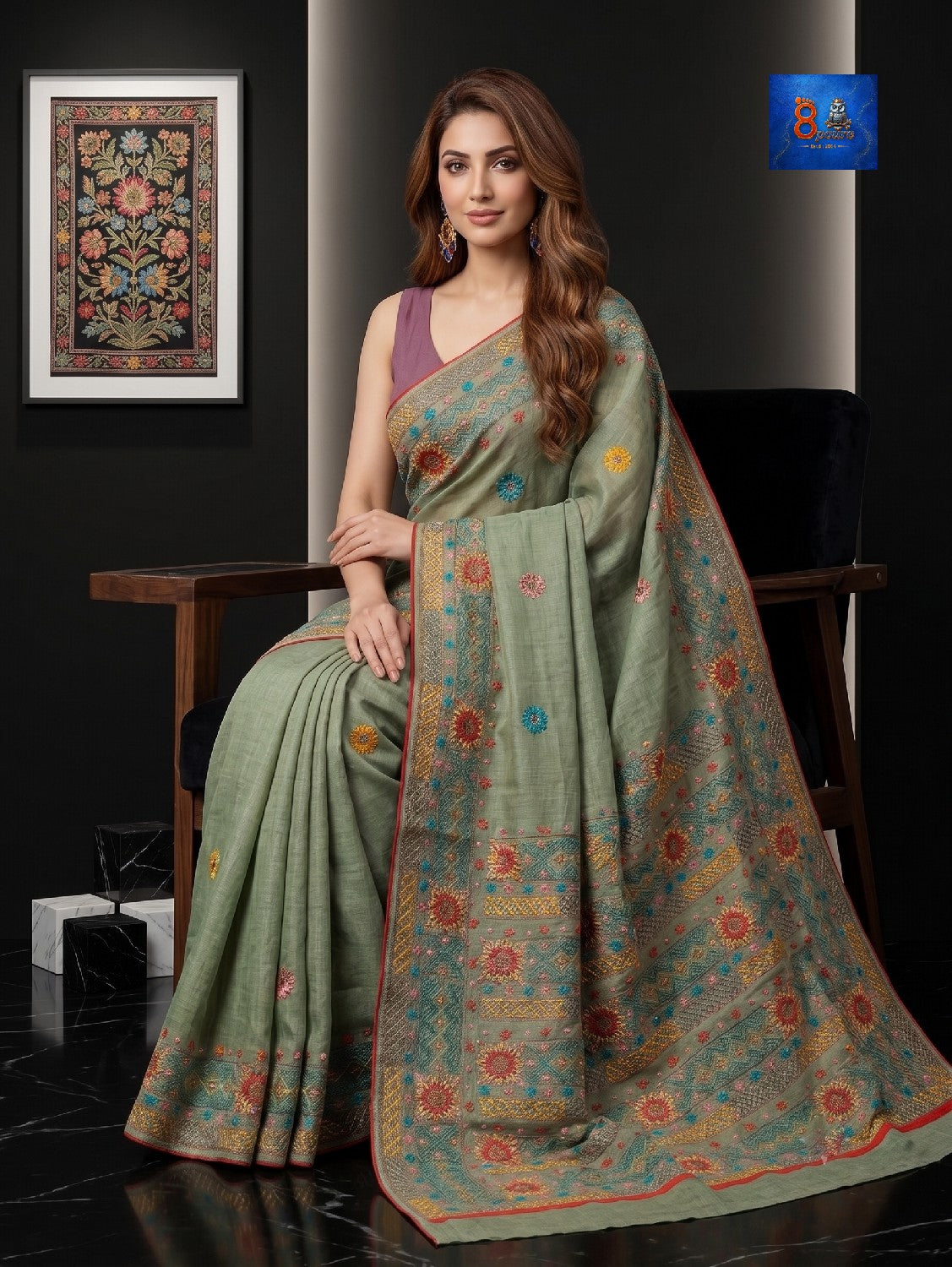 Fulia Tussare Lambani Embroidered Saree - Hunter Green