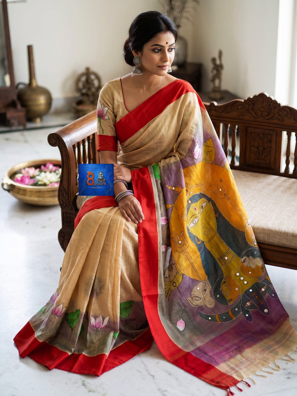 Beige Red Maa Durga Cotton Glittering Canvas Saree