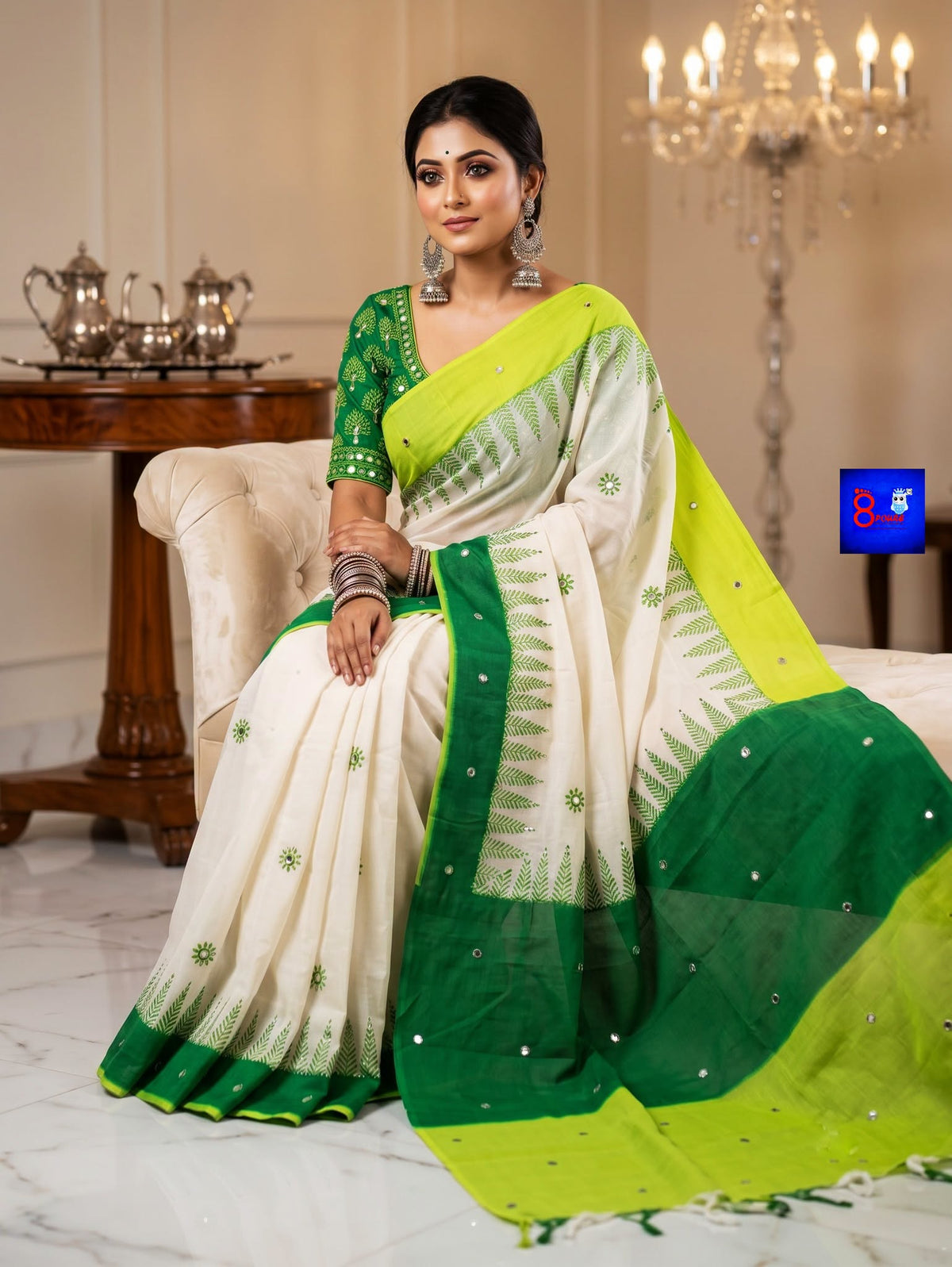 Pure Cotton Glittering Canvas Saree - Green Ajrakh