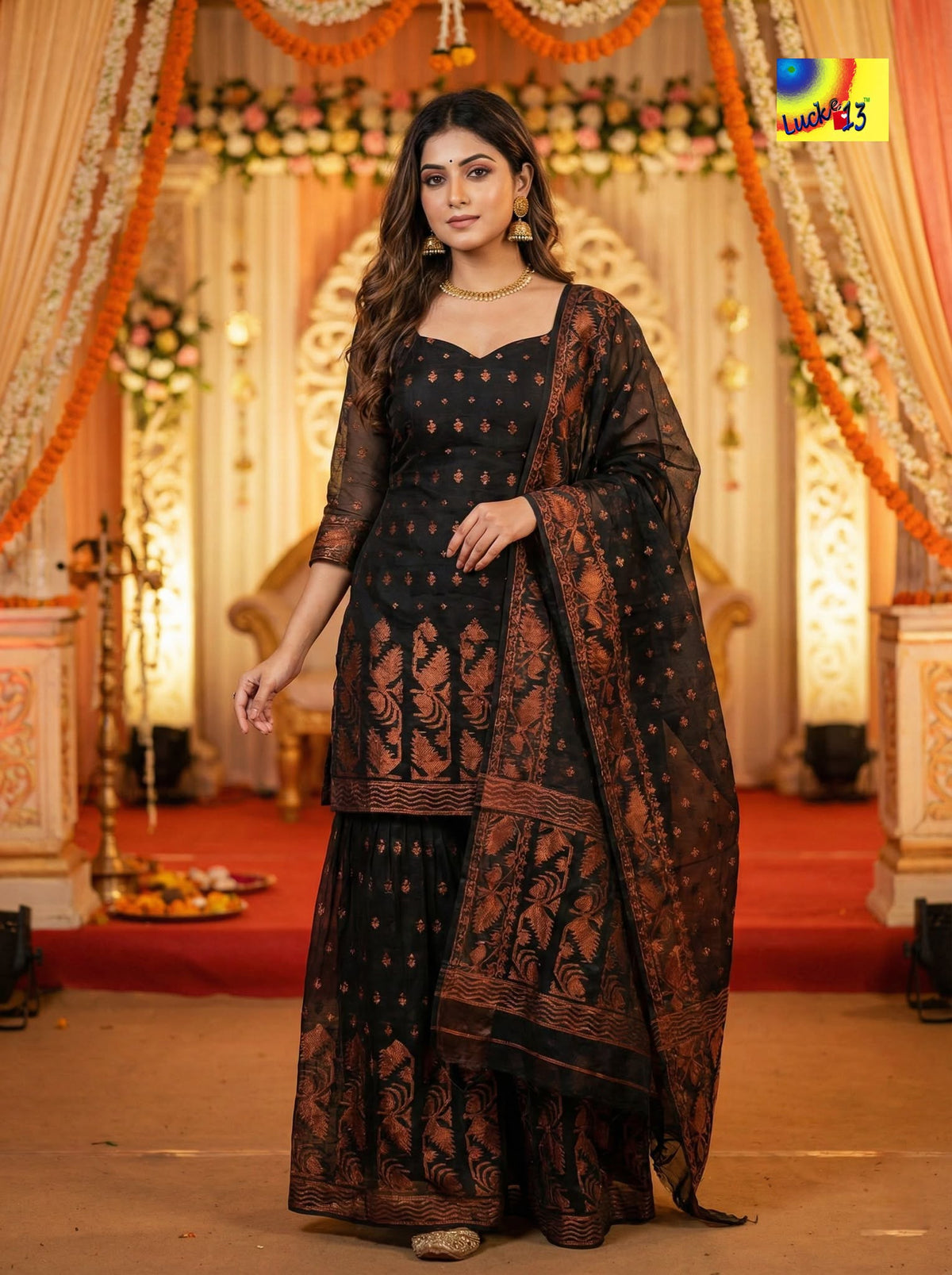 Jamdani Sharara 3-Piece Set - Black Zari