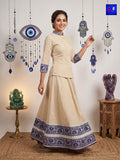Pure Cotton Designer Jamdani Woven Skirt & Shirt Set (Beige & Royal Blue)