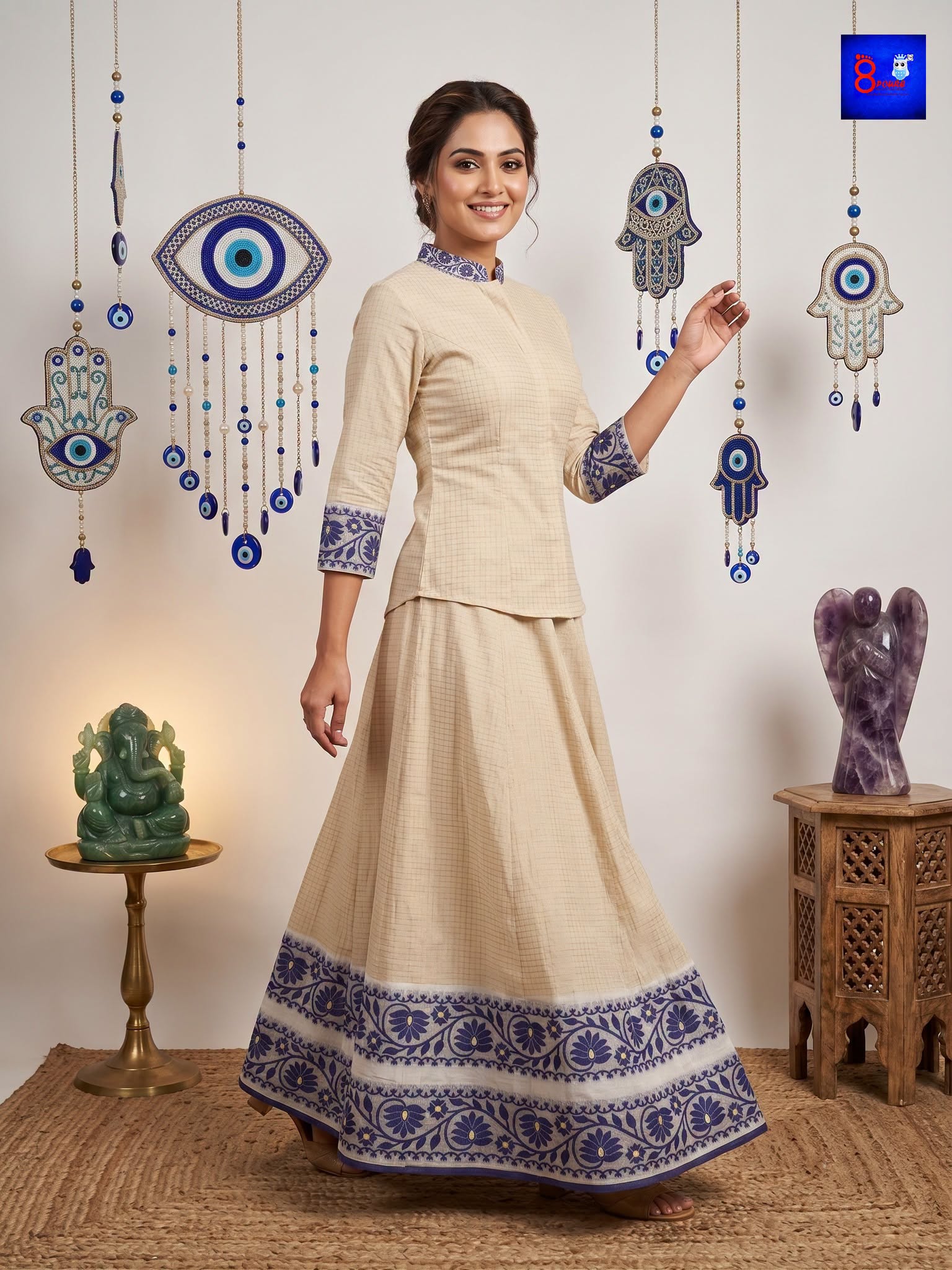 Pure Cotton Designer Jamdani Woven Skirt & Shirt Set (Beige & Royal Blue)
