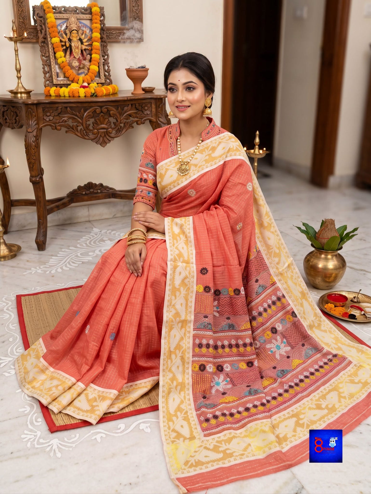 Cotton Lambani with Jamdani Border Saree - Orange & Yellow