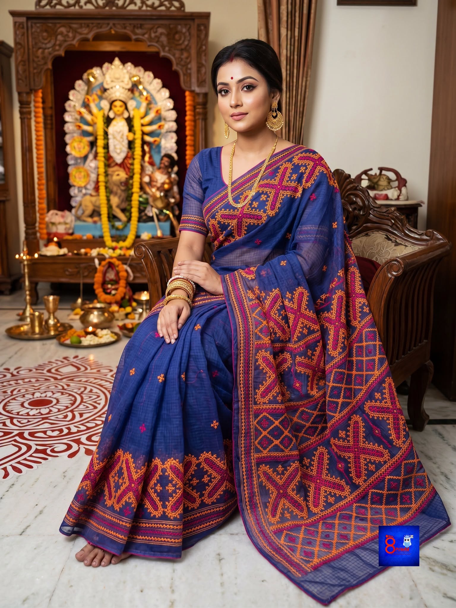 Resham Check Saree with Gujarati Embroidery