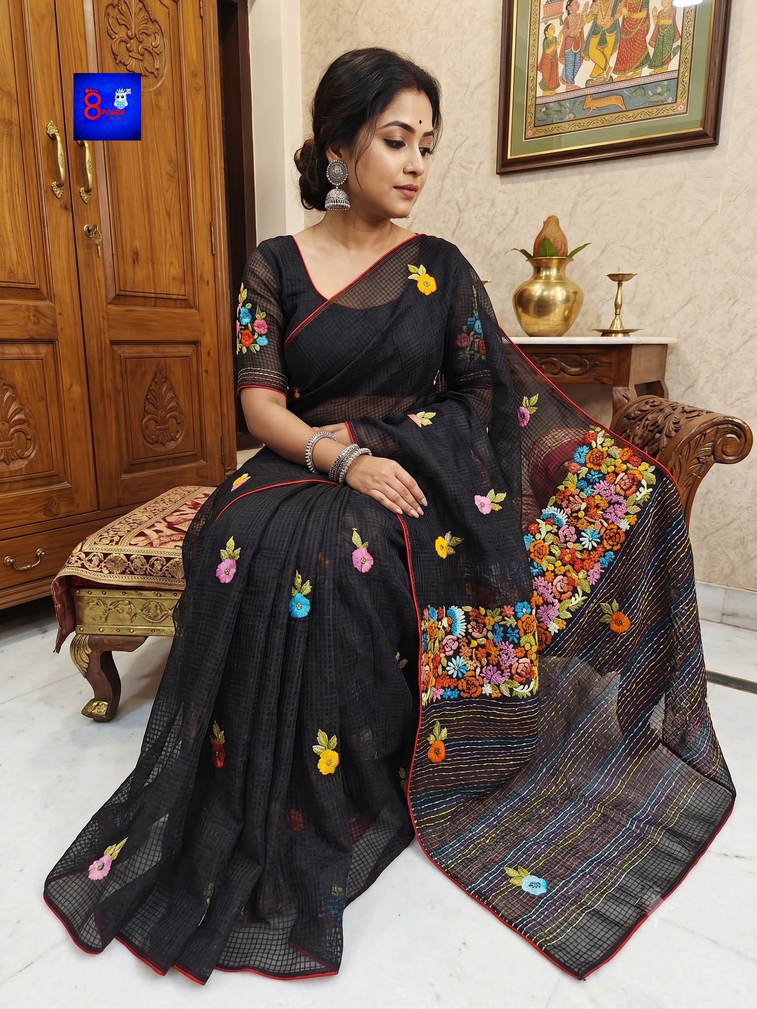 Resham Check French Knot Embroidery Saree (Black)