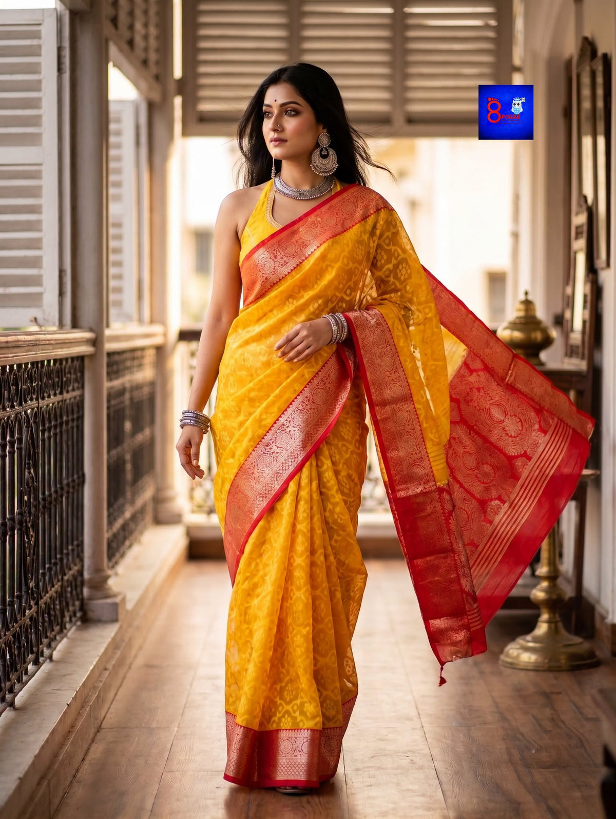 JamBanaras Saree - Mustard Yellow & Red