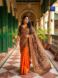 Jamkantha Saree - Orange & Black & White