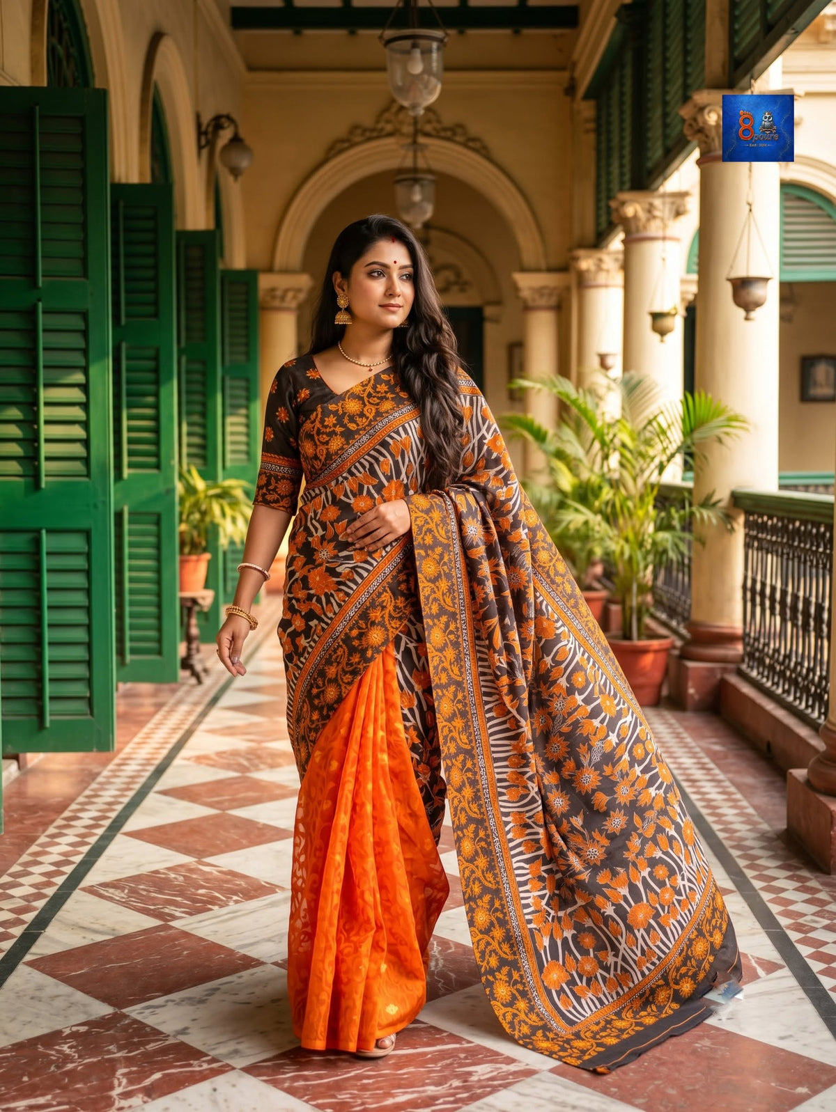 Jamkantha Saree - Orange & Black & White