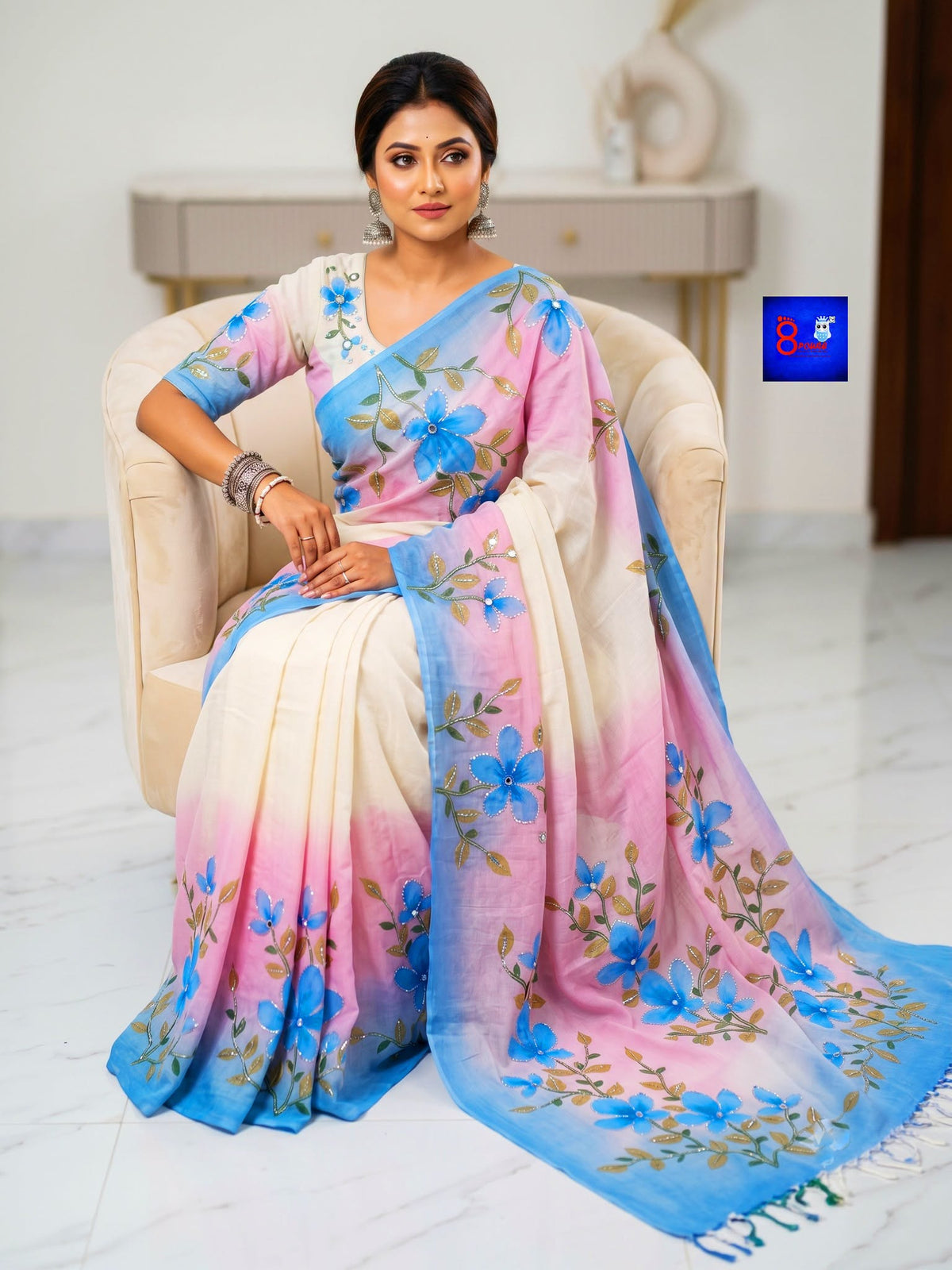 Pure Cotton Glittering Canvas Saree - Pink Blue Floral