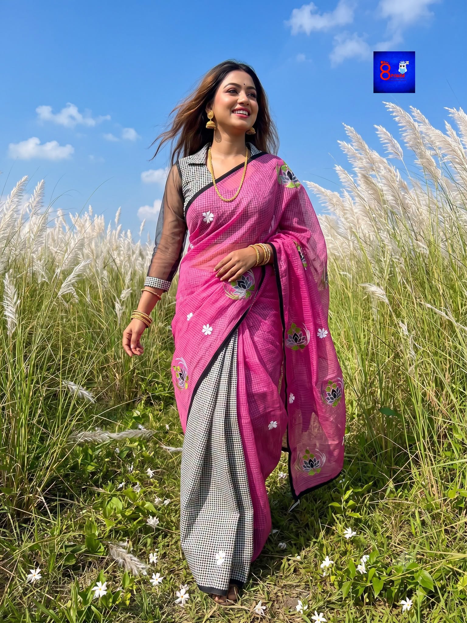Premium Cotton Embroidered Saree (Pink & Grey)
