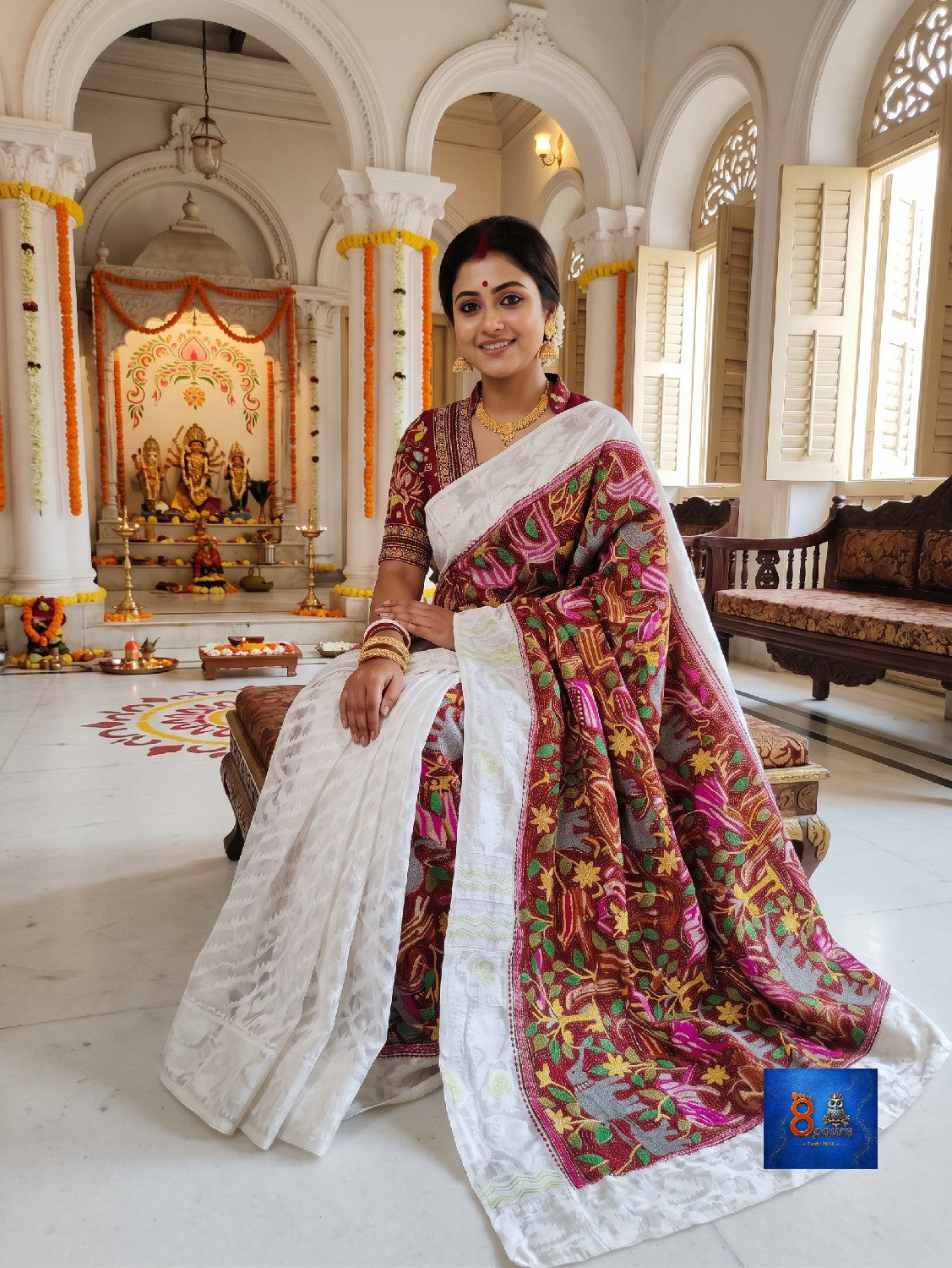 Ivory White Multicolour Floral Jamkantha Saree
