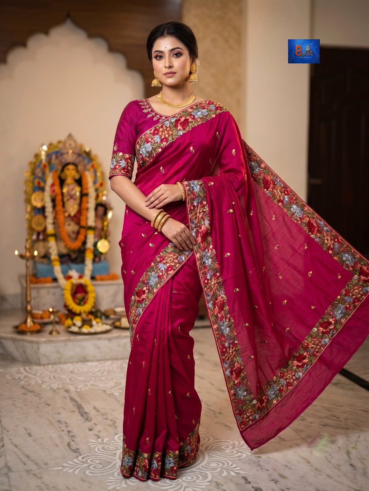 Gara Parsi Work On Pure Crushed Satin Saree - Deep Magenta
